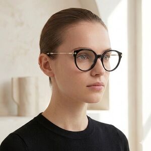 Miu Miu Black Acetate / Gold Metal Hybrid Oversized Round Panto Eyeglasses